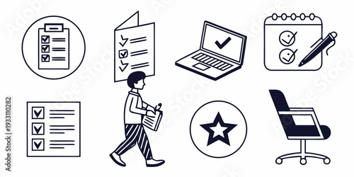 A diverse range of icons representing various aspects of office work and productivity. Vector