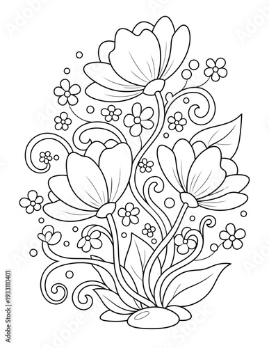  Flower coloring page with elegant blooming blossoms and swirling leaves
