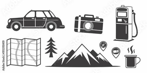 A collection of camping and outdoor adventure icons featuring a car, tent, and more. Vector