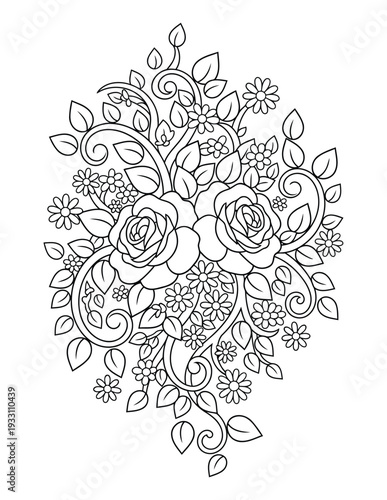  Rose coloring page with ornate floral bouquet and swirling leaf vines