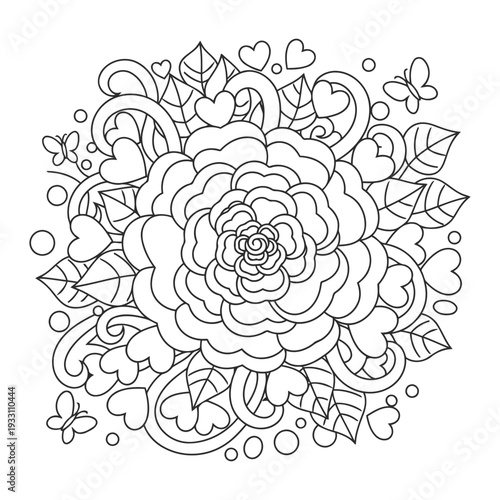 Floral coloring page with large blooming flower and decorative hearts