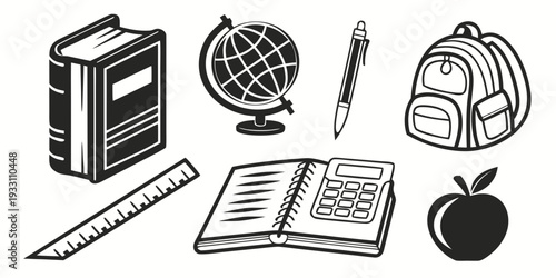 Assorted school supplies including books, globe, and an apple. Vector