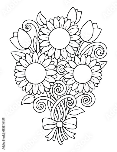  Sunflower coloring page with decorative bouquet and swirling vines