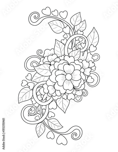 Floral coloring page with heart accents and decorative swirling vines