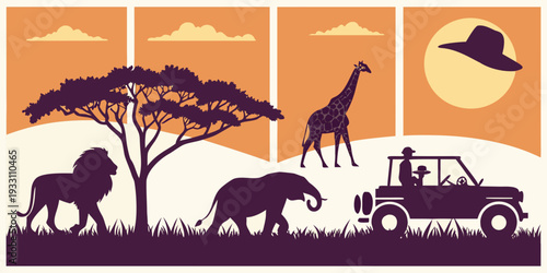 A vibrant illustration of african wildlife with elephants, giraffes, and zebras in a savannah landscape Vector