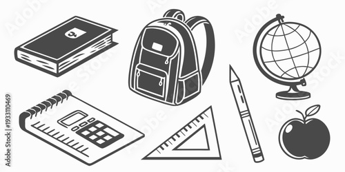 A collection of educational tools and items on a desk Vector