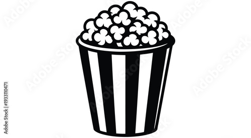 Striking black and white image of a full popcorn container, classic movie snack silhouette with overflowing kernels, bold high contrast cinema theme illustration, clean monochrome graphic design