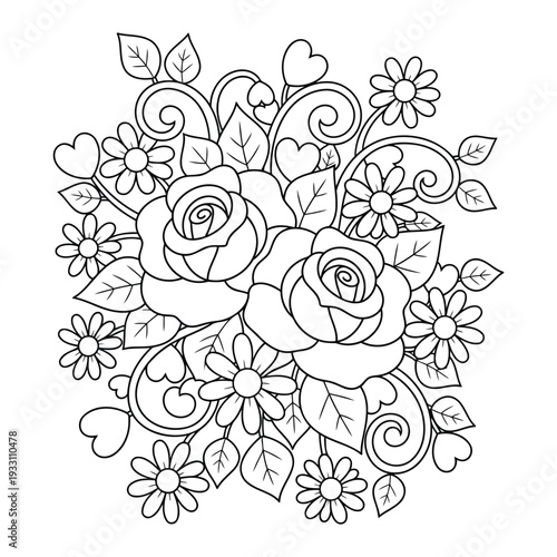  Rose coloring page with decorative floral bouquet and swirling leaves