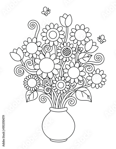  Flower vase coloring page with decorative bouquet and butterflies