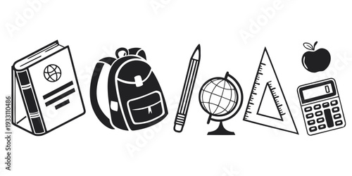 A collection of school supplies including a backpack, books, and stationery. Vector
