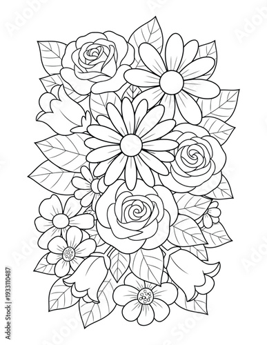 Floral coloring page with mixed roses and blooming garden flowers