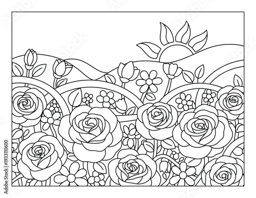 Floral coloring page for adults and children featuring roses in a sunny garden landscape