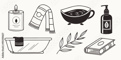 A variety of items for a relaxing bath including a candle, bath salts, and essential oils. Vector