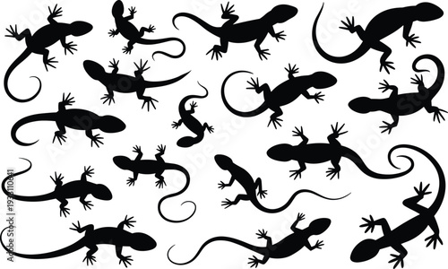 Collection of seventeen black lizard silhouettes in diverse poses and tail shapes, emphasizing reptile features, wildlife diversity, nature design, educational illustration,