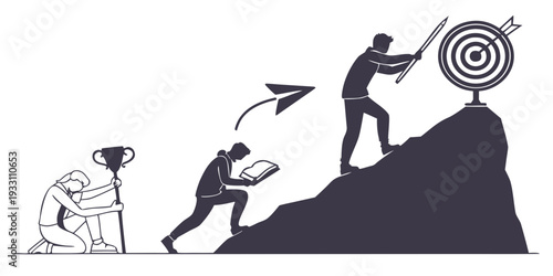 Three people climbing a steep cliff with one person reaching the top Vector