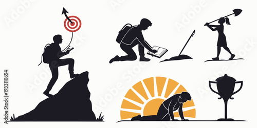 Illustration of various climbing and mountaineering activities and equipment Vector
