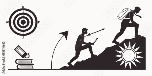 A person running towards a target with a bow and arrow, overcoming obstacles. Vector