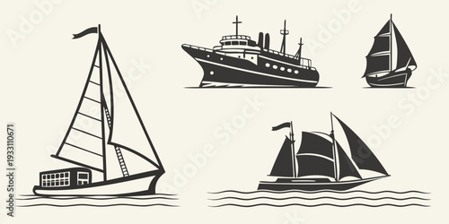 Four different types of boats sailing on a body of water with a cloudy sky above Vector