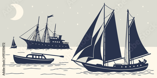 Three vintage ships sailing on a calm sea under a full moon Vector