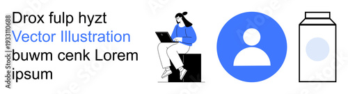 Digital productivity, personal identity, e-learning, online work, minimal design, user interface. Woman using laptop, profile icon and milk carton. Digital productivity and personal identity
