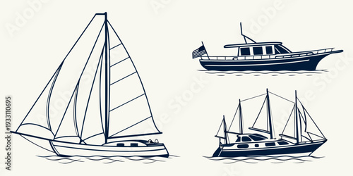 Three different types of boats sailing on a calm sea under a clear sky. Vector
