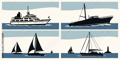A diverse collection of ships and boats sailing on the open sea Vector