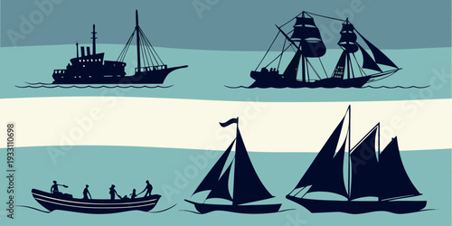 A diverse collection of ships and boats sailing on a calm blue sea Vector