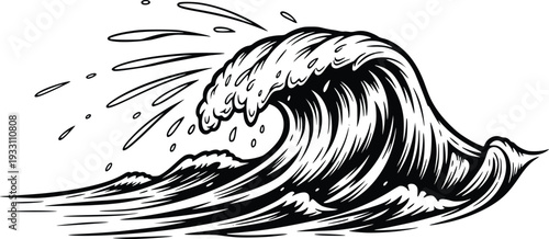 Powerful Vintage Style Ocean Wave Crashing with Splashing Water, a Dynamic Monochrome Sea Illustration