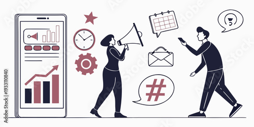 People engaging with social media platforms and digital content. Vector