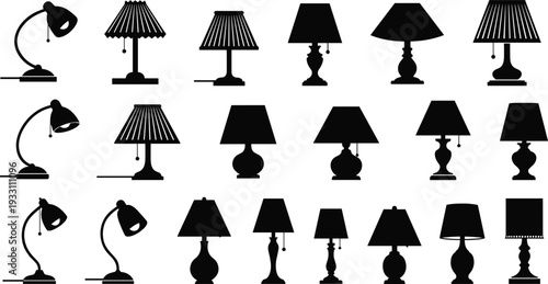 Silhouette lamp collection, desk lamp designs, table lamp styles, modern lighting icons, interior decor elements, minimalist lamp illustrations, home lighting inspiration