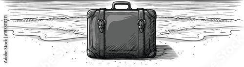 Suitcase on the beach, waiting for a vacation to begin