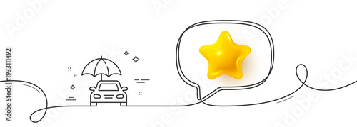 Car insurance line icon. Continuous line with 3d star. Risk management sign. Vehicle with umbrella symbol. 3d star in speech bubble. Car insurance single line ribbon. Loop curve pattern. Vector