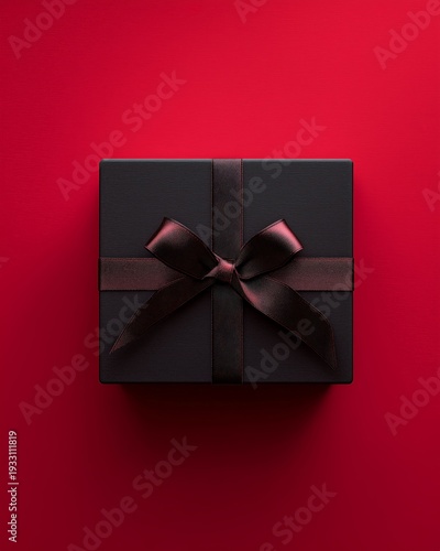 Elegance in a Box: A black gift box, adorned with a luxurious ribbon, sits against a vibrant red backdrop, a symbol of anticipation and understated refinement.