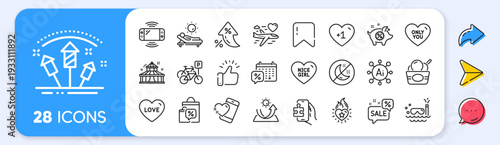 Love, Ice cream and Discounts calendar line icons. Interest rate, AI generate, Inflation icons. Pack of Heart flame, Fireworks rocket, Honeymoon travel icon. Vector