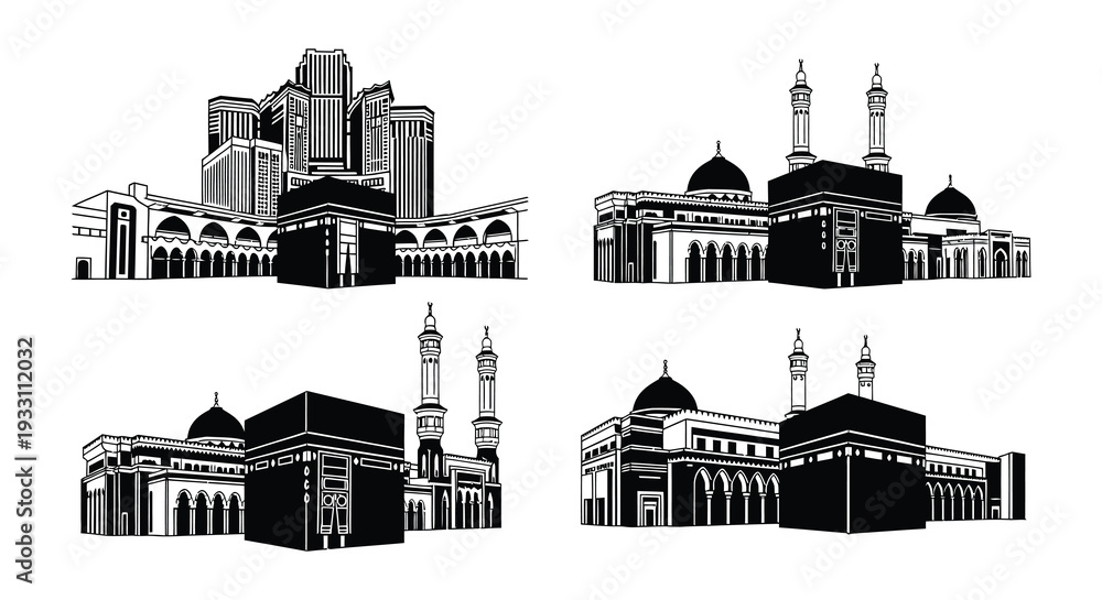 Fototapeta premium Detailed black and white illustrations of the kaaba and holy mosque