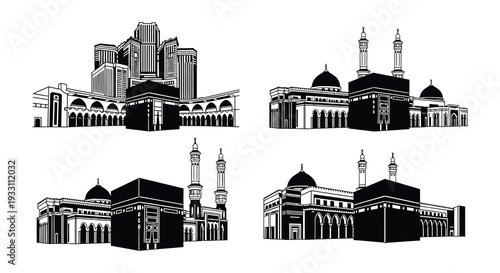 Detailed black and white illustrations of the kaaba and holy mosque