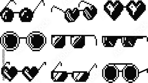 Pixel art sunglasses collection black and white vector set for summer, party, fashion and video game asset