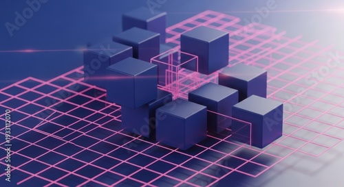 Abstract 3D cubes over a pink grid, angled view, gradient background, light flares