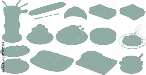 Food and Kitchen Silhouette Vector Set Featuring Coffee Grinder Rolling Pin Croissant Bread Dough Pizza Steak and Plate Shapes in Minimal Flat Editable Design Collection