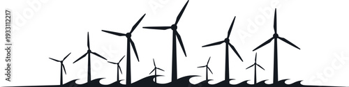 Offshore wind farm vector illustration showcasing sustainable clean energy generation with multiple wind turbines standing tall above the rolling ocean waves as an environmental graphic design.
