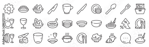 Tableware line icons. Settings gear, Message, Inflation icons. Dish plate, Food bowl and Cooking utensils set. Fork, spoon and knife cutlery line icons. Vector