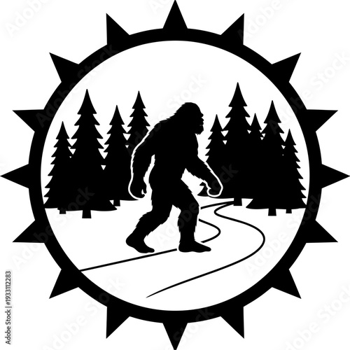 Bigfoot walking on forest path inside circular spiked frame