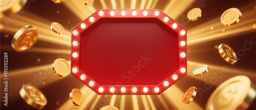 Blank red casino leaderboard frame with glowing lights and falling gold coins background design