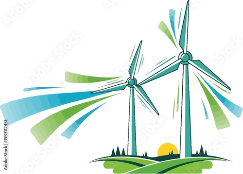 Stylized vector illustration featuring two teal wind turbines generating clean kinetic energy against a rising sun backdrop