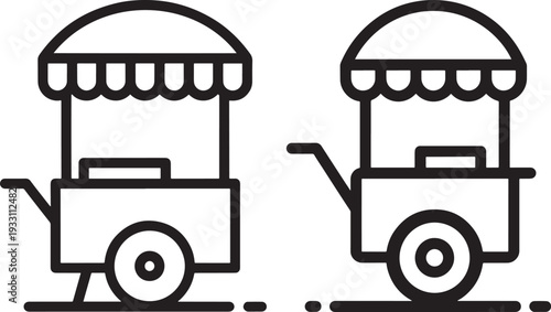 Street food cart icons, mobile kiosk for selling snacks or drinks, simple outline vector illustration for business and commerce