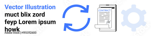 Business operations, workflow automation, contract management, file exchange, system optimization, digital processes. Circular arrows with a contract and gear. Contract management and file exchange