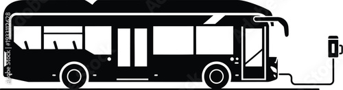 Simple black and white vector graphic illustration depicting a modern electric city transit bus actively receiving power from a charging station icon