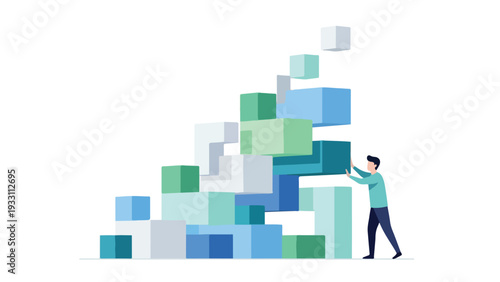 A man in a green shirt pushing a large stack of colorful blocks on a white background with a playful mood.