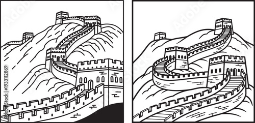 Great Wall of China illustration, ancient historical landmark on a mountain, architectural wonder, travel and culture vector graphic