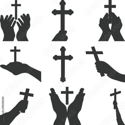 Christian Cross and Hands Silhouette Icon Set, Human hand holding and lifting of christian cross, Vector illustration